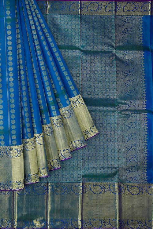 sri kumaran stores kanchipuram silk saree blue saree with golden blue border 1
