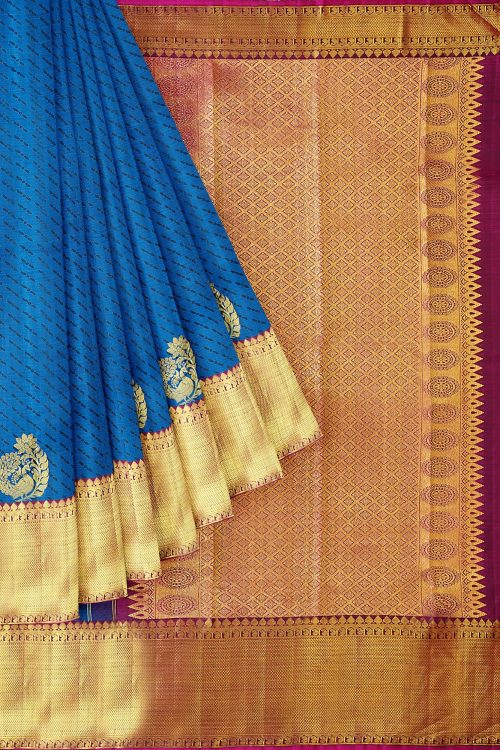sri kumaran stores kanchipuram silk saree blue saree with golden pink border 1