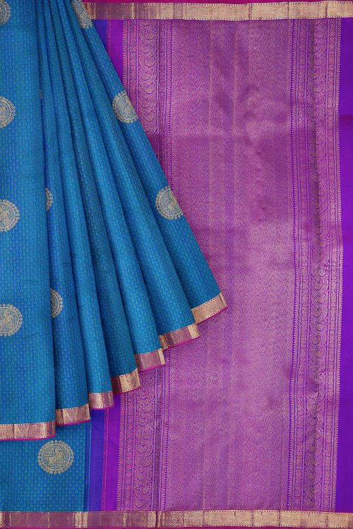 sri kumaran stores kanchipuram silk saree blue saree with golden purple border 1