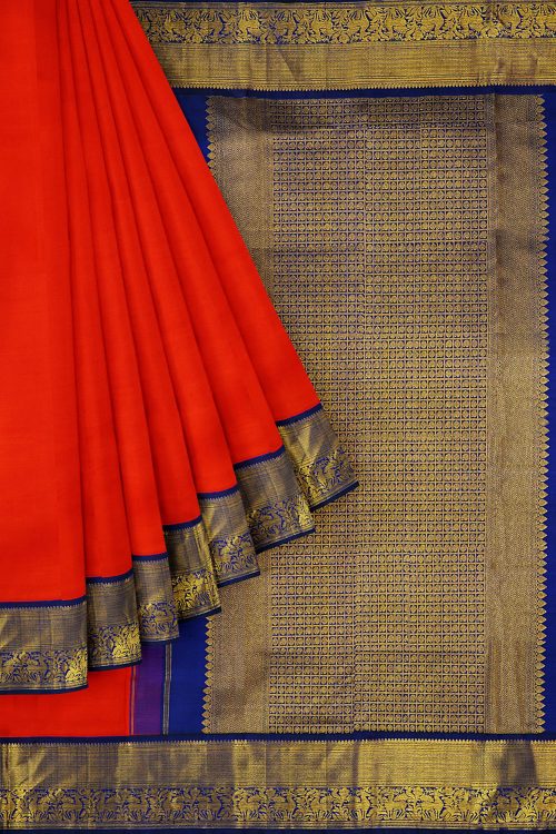 sri kumaran stores kanchipuram silk saree bright orange saree with golden blue border 1