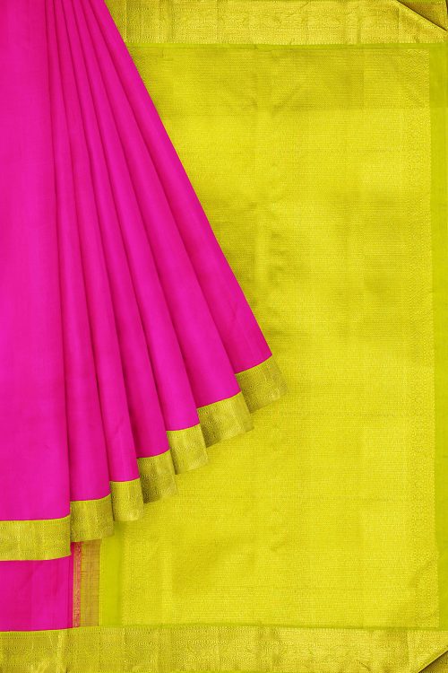 sri kumaran stores kanchipuram silk saree bright pink saree with golden green border 1
