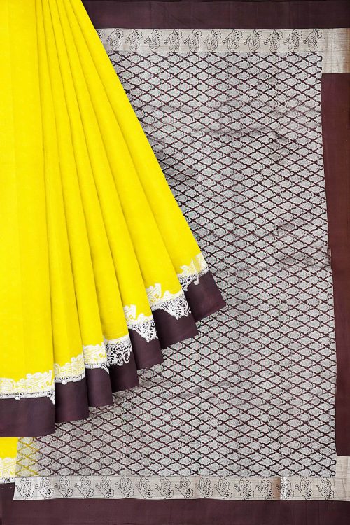 sri kumaran stores kanchipuram silk saree bright yellow saree with brown border 1