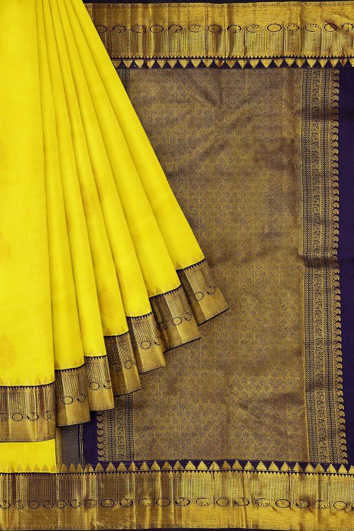 sri kumaran stores kanchipuram silk saree bright yellow saree with golden blue border 1