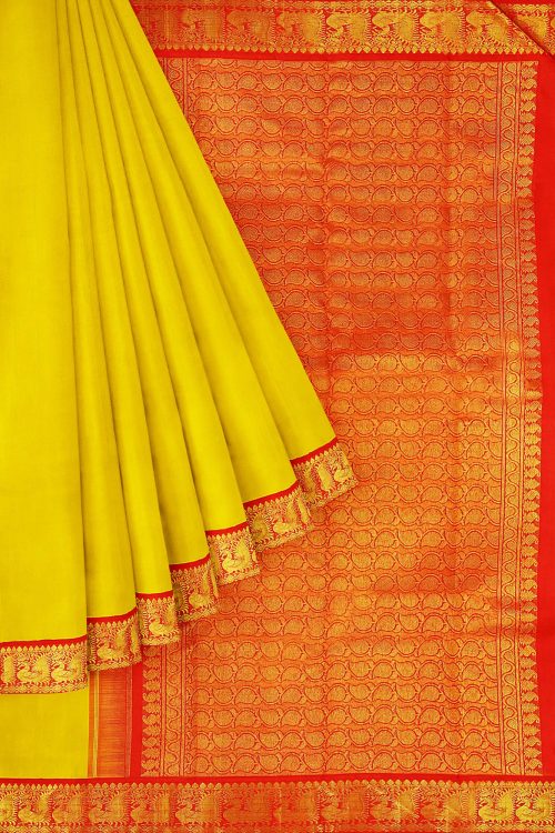 sri kumaran stores kanchipuram silk saree bright yellow saree with golden red border 1