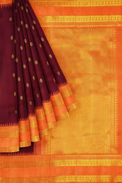 sri kumaran stores kanchipuram silk saree brown saree with golden orange border 1
