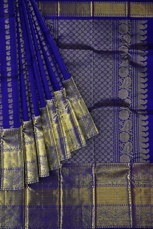 sri kumaran stores kanchipuram silk saree dark blue saree with golden border 1