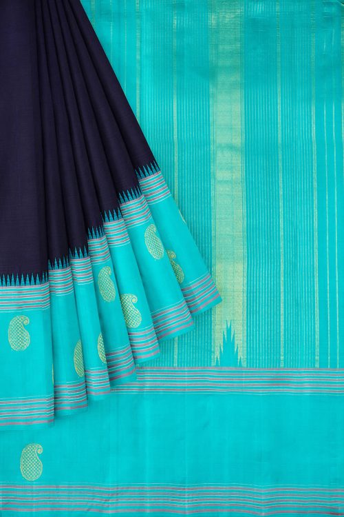 sri kumaran stores kanchipuram silk saree dark blue saree with sky blue border 1