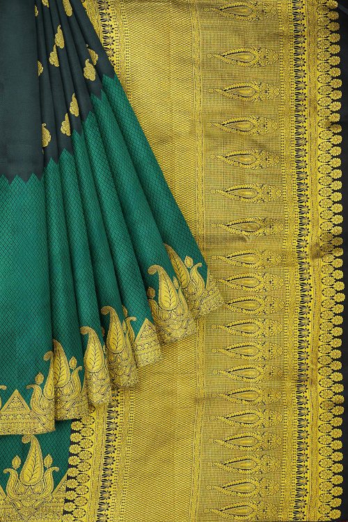 sri kumaran stores kanchipuram silk saree dark green and black saree with golden design border 1