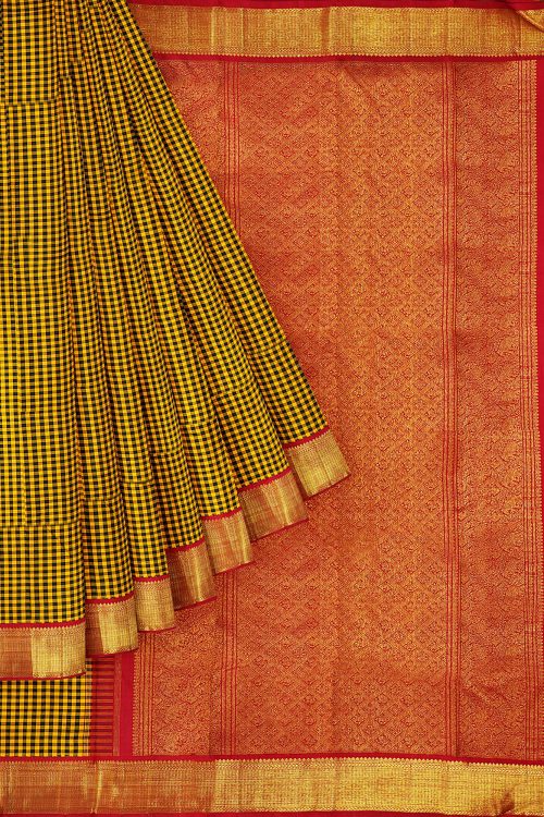 sri kumaran stores kanchipuram silk saree dark yellow saree with golden red border 1