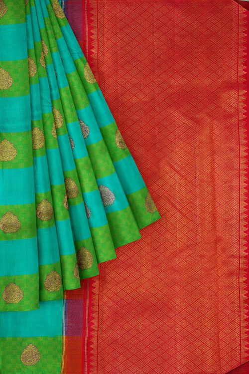 sri kumaran stores kanchipuram silk saree green blue saree with green border 1