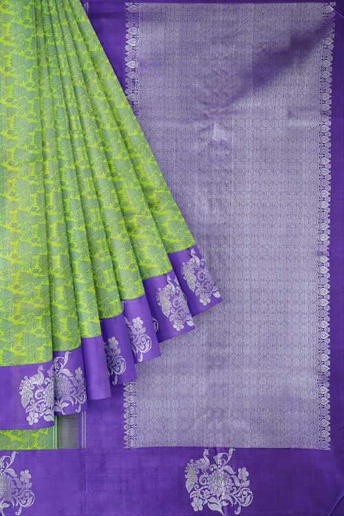 sri kumaran stores kanchipuram silk saree green saree with purple border 1