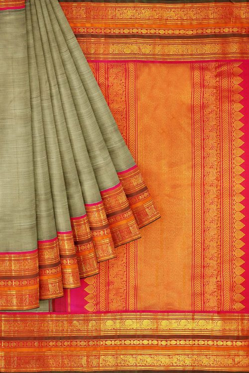 sri kumaran stores kanchipuram silk saree greenish grey saree with golden orange border 1