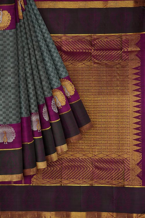sri kumaran stores kanchipuram silk saree grey saree with golden brown border 1