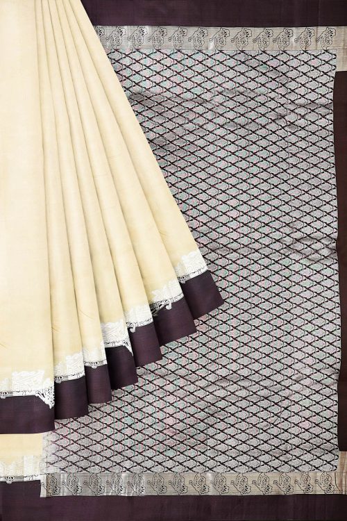sri kumaran stores kanchipuram silk saree half white saree with brown border 1