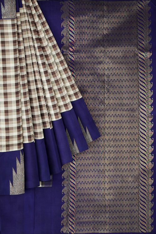 sri kumaran stores kanchipuram silk saree half white saree with dark blue border 1