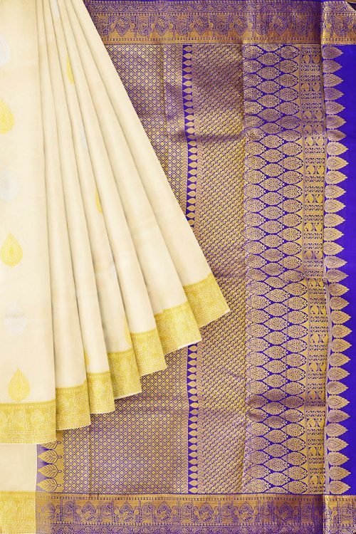 sri kumaran stores kanchipuram silk saree half white saree with golden border 1