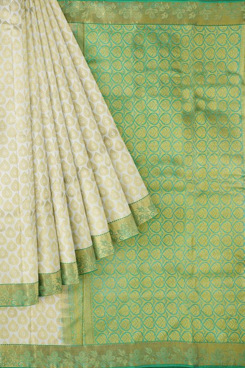 sri kumaran stores kanchipuram silk saree half white saree with golden green border 1