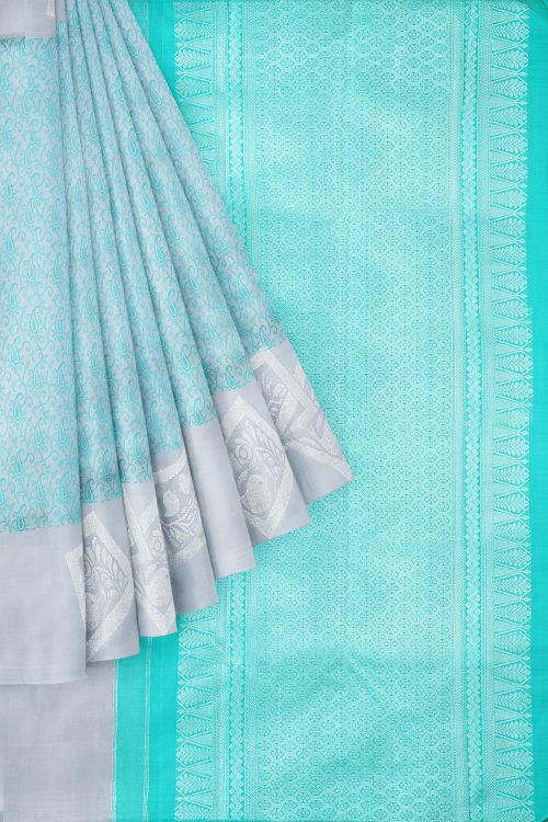 sri kumaran stores kanchipuram silk saree light blue saree with silver colour border 1