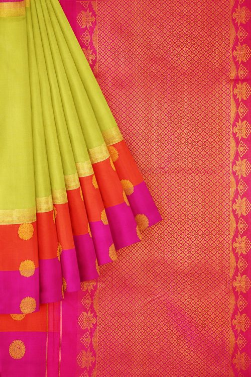 sri kumaran stores kanchipuram silk saree light green saree with pink orange border 1