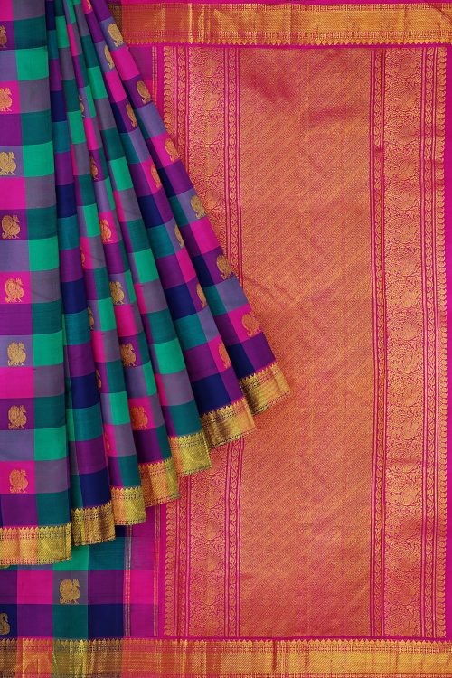 sri kumaran stores kanchipuram silk saree multicolour saree with golden colour border 1