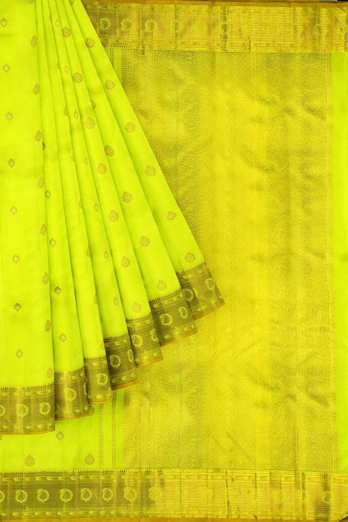 sri kumaran stores kanchipuram silk saree neon yellow saree with golden yellow border 1