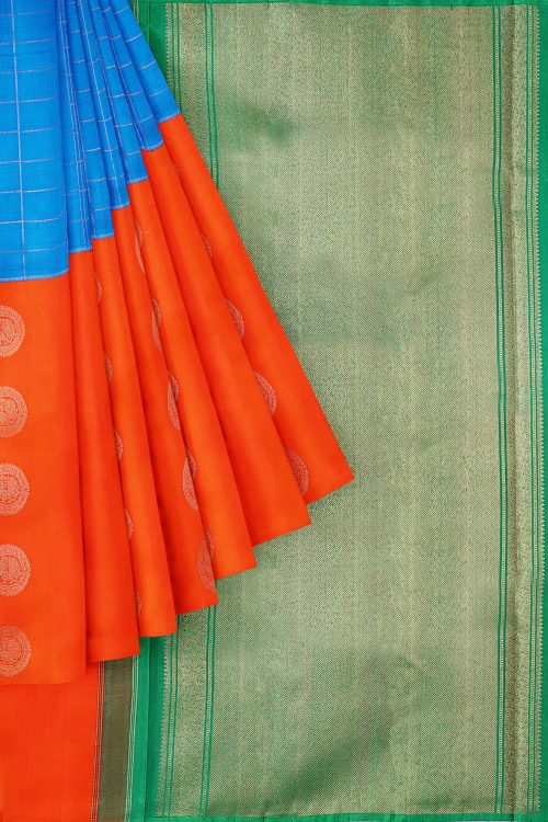 sri kumaran stores kanchipuram silk saree orange blue saree with orange blue border 1