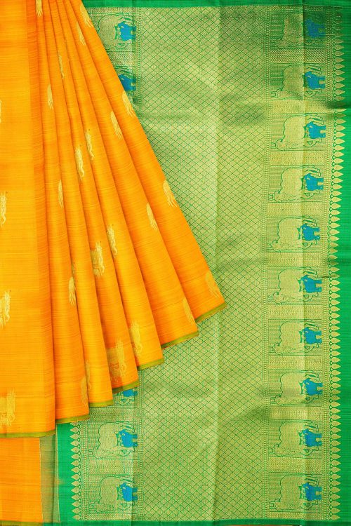 sri kumaran stores kanchipuram silk saree orange saree with green border 1