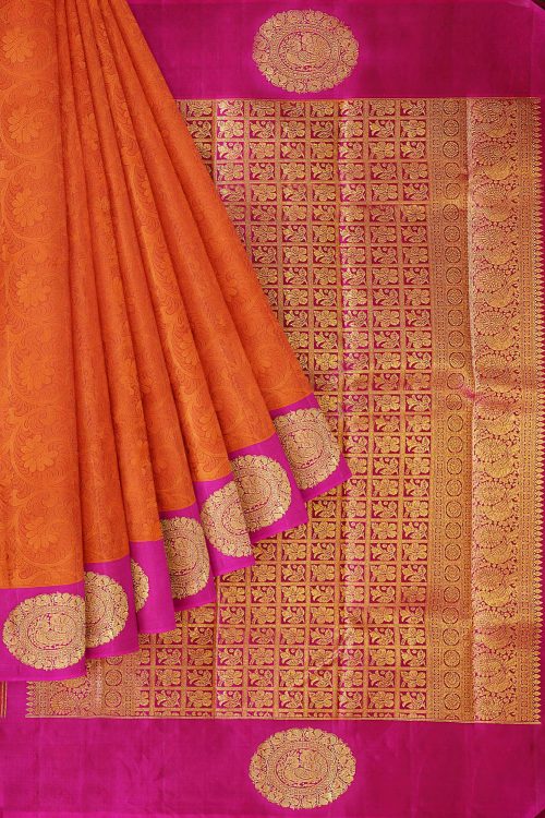sri kumaran stores kanchipuram silk saree orange saree with pink border 1 1