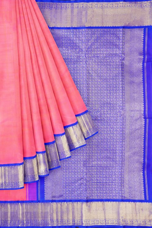 sri kumaran stores kanchipuram silk saree peach orange saree with golden blue border 1