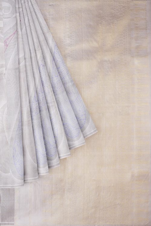 sri kumaran stores kanchipuram silk saree pearl grey saree with grey border 1