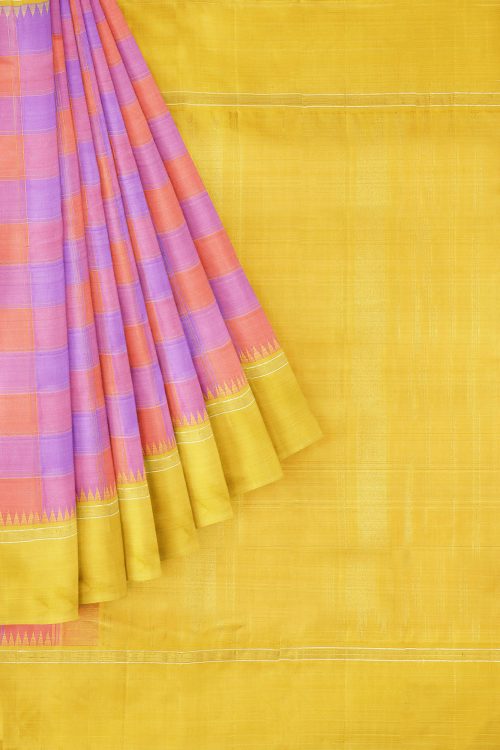sri kumaran stores kanchipuram silk saree pink and purple saree with golden yellow border 1