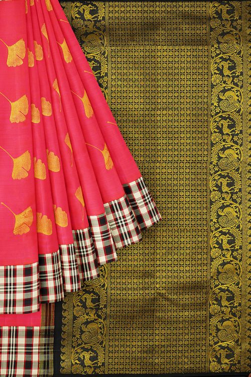sri kumaran stores kanchipuram silk saree pink saree with black checked border 1