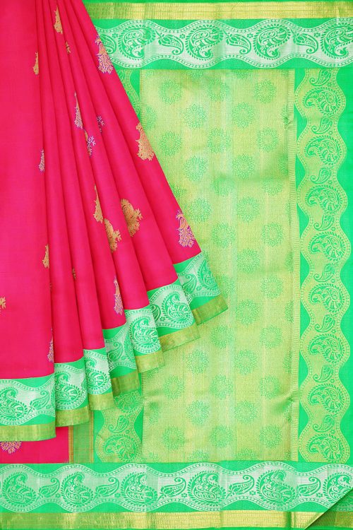 sri kumaran stores kanchipuram silk saree pink saree with golden neon green border 1