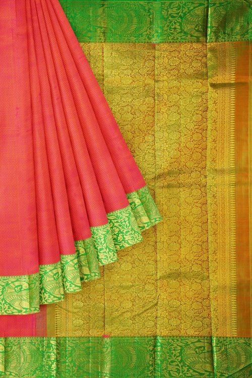 Pink with mustard shot color and green border kanchipuram silk saree –  Iraivi - Wedding and Party wear