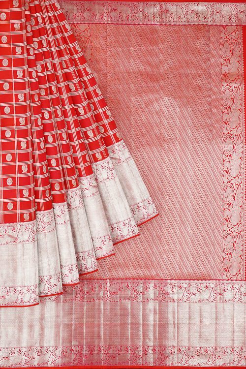 sri kumaran stores kanchipuram silk saree red saree with silver border 1