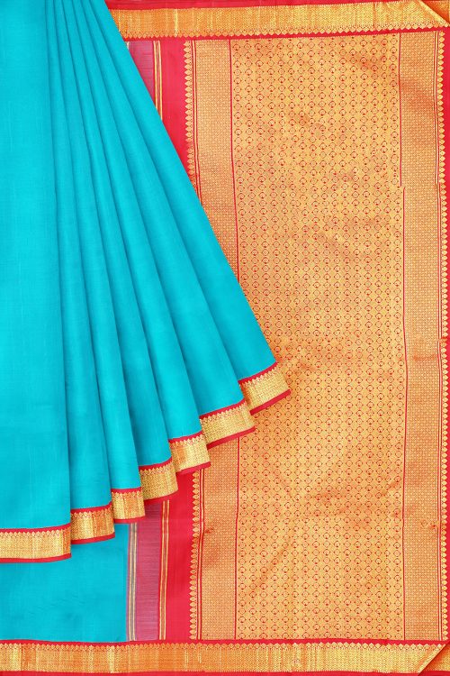sri kumaran stores kanchipuram silk saree sky blue saree with golden red border 1