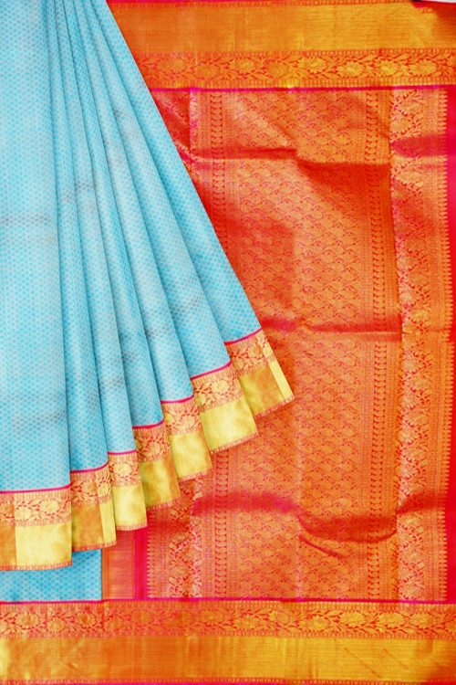 sri kumaran stores kanchipuram silk saree sky blue saree with golden red border 1