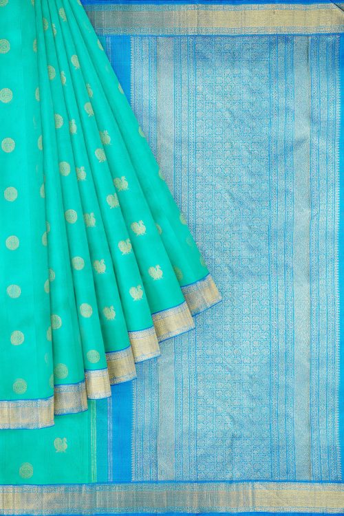 sri kumaran stores kanchipuram silk saree turquoise blue saree with golden blue border 1