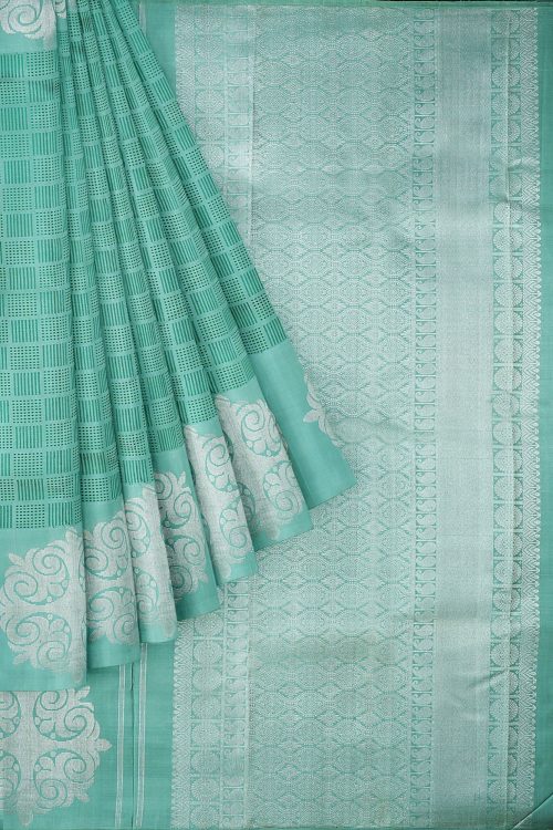 sri kumaran stores kanchipuram silk saree turquoise green saree with silver green border 1