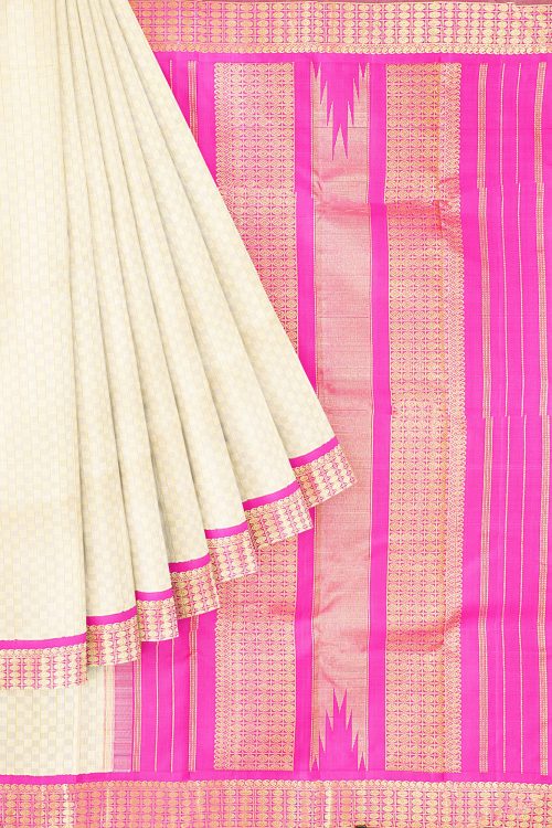 sri kumaran stores kanchipuram silk saree white saree with golden pink border 1