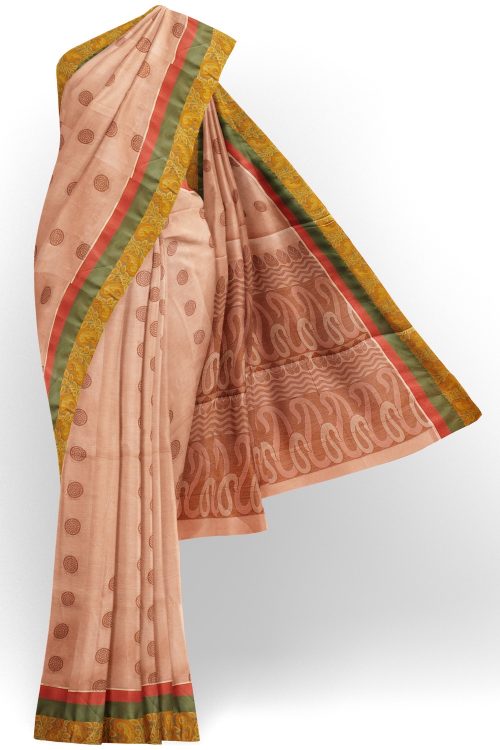 sri kumaran stores kora cotton saree biscuit color saree with green border 1