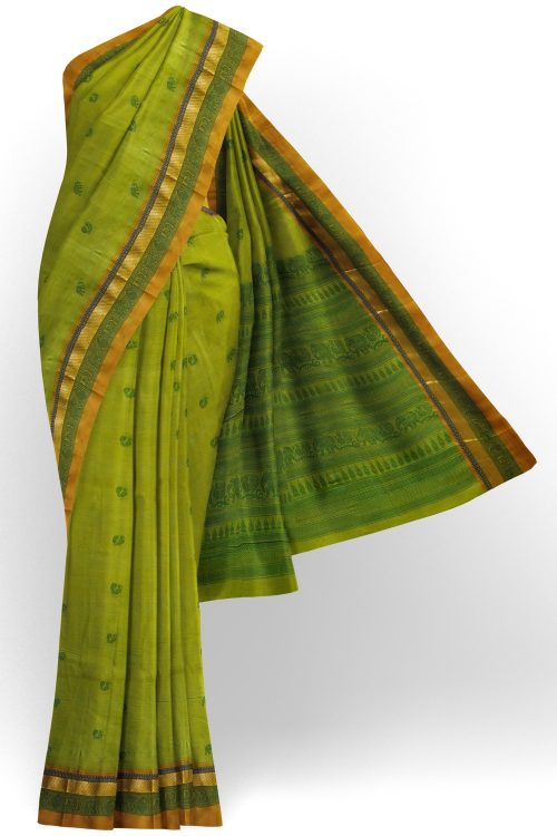 sri kumaran stores kora cotton saree green saree with golden and green colour border 1