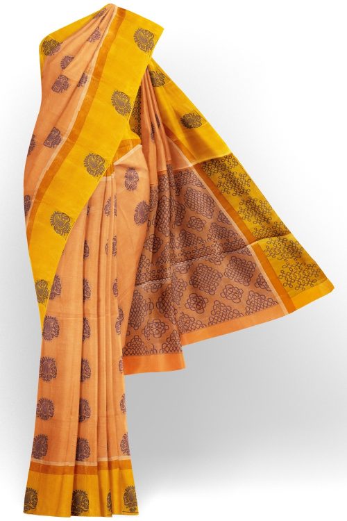 sri kumaran stores kora cotton saree light orange saree with golden and yellow border 1