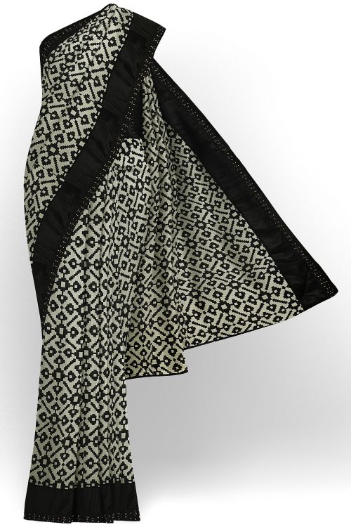 sri kumaran stores linen chiffon saree black and white saree with black border 1