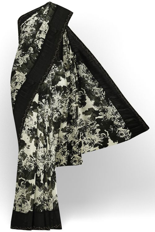 sri kumaran stores linen chiffon saree black and white saree with black border 1 1