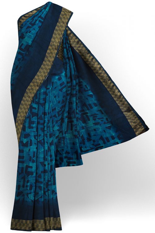 sri kumaran stores linen chiffon saree blue saree with golden dark blue border 1