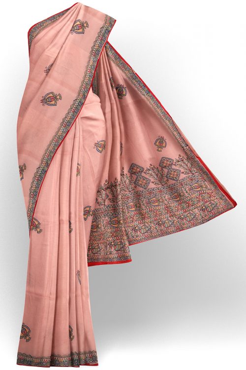 sri kumaran stores linen cotton baby pink saree with floral design border 1