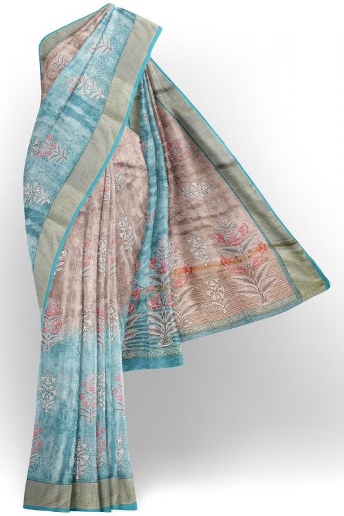 sri kumaran stores linen cotton blue and brown saree with golden border 1