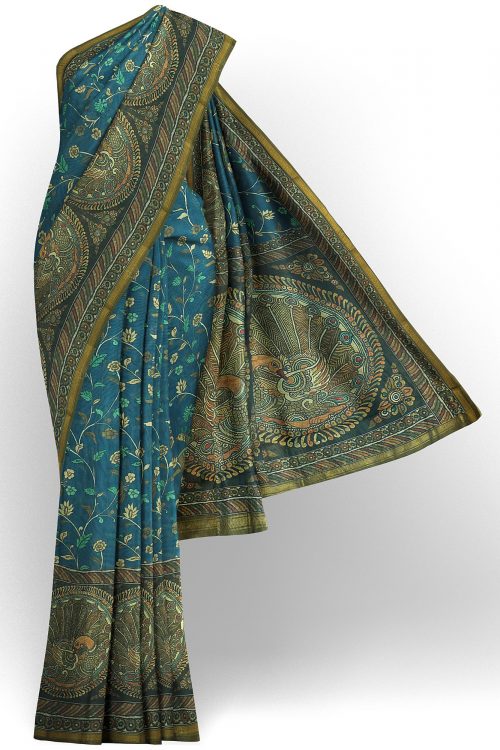 sri kumaran stores linen cotton blue saree with green floral border 1