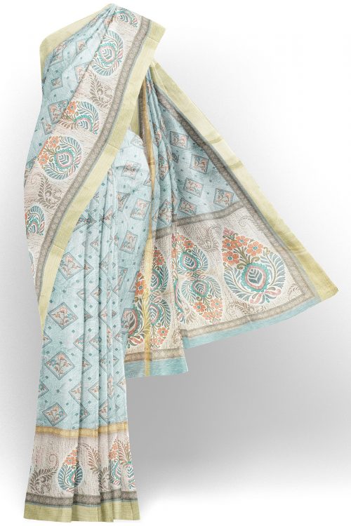 sri kumaran stores linen cotton bluish white saree with golden border 1